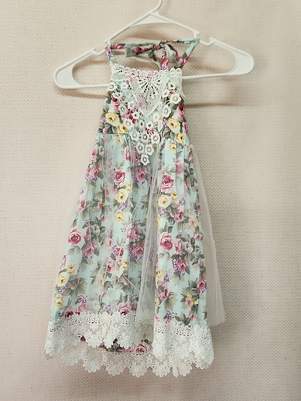 Girls Mint Floral Lace Halter Dress with Tulle Overlay